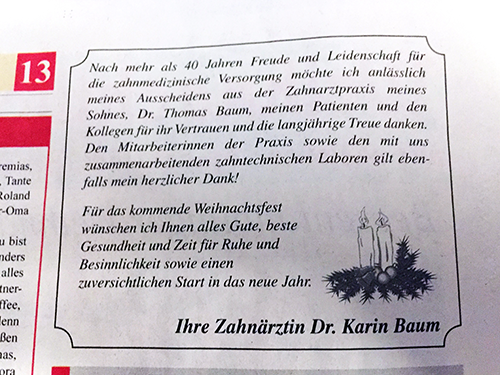 Zeitungsanzeige zum Ausscheiden von Dr. Karin Baum